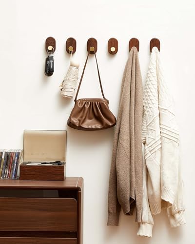 Wood Coat Hooks Wall Mount - Modern Walnut Coat Hook with Brass Accent for Hanging Clothes,Keys,Purse,Robes,Towel,Backpacks, Single Brass Wall Hooks Heavy Duty for Entryway, Closet, Bathroom (6 Pack) - Image 7