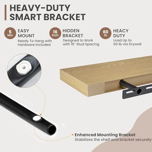 Acovy 72 Inch Floating Shelves, 8 Inch Deep Floating Shelves for Wall, Hanging Shelf with Invisible Brackets, Deep Shelves for Bathroom, Bedroom, Living Room, Oak, Set of 2 - Image 4