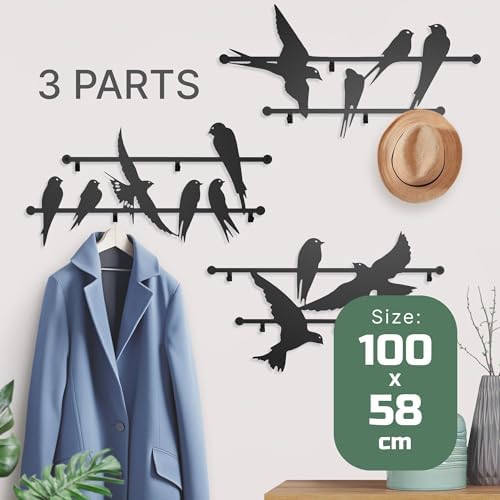 Entrance Wall Mounted Coat Rack 3pcs Metal Design Style Birds 23x40 Inches - Heavy Duty Hallway Hanger Hooks for Kids and Adults, Decorative Art Deco Iron Wardrobe Holder, Slim Stylish Steel Panels - Image 2