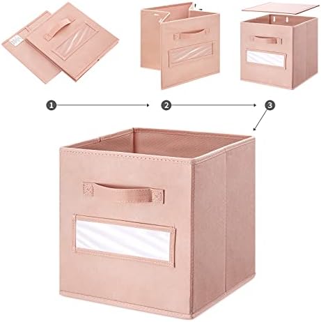 11 Inch Storage Cube,Storage bin,cube storage (Set of 10) Foldable Fabric Cube Storage Bins with 10 Labels Window Cards & a Pen,Baskets Containers for Shelves,Closet Organizers Box,Pink - Image 4