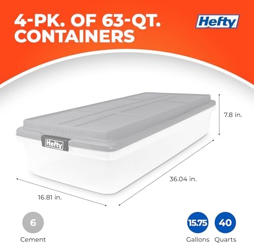 Hefty 63 Qt Hi-Rise Storage Bin with Lid, Stackable Plastic Storage Container, Organizer for Home, Garage & Closet, 4 Pack, Gray - Image 3