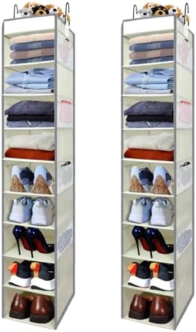 2 Pack Large-Sized Hanging Shoe Organizer 10-Shelf, Sturdy Hanging Closet Organizer with 8 Side Pockets, Wider Hanging Shelves for Storage Shoes Clothes Jeans Shirts Toys, Beige by ROOMTALK