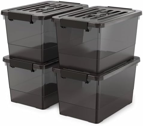 17 Qt Stackable Storage Bins with Lids, Black Clear Locking Plastic Storage Containers with Latches, Organizer Totes for Closet Pantry Bedroom Garage, Space Saving Nesting Storage Box（4 Pack） by YYXB