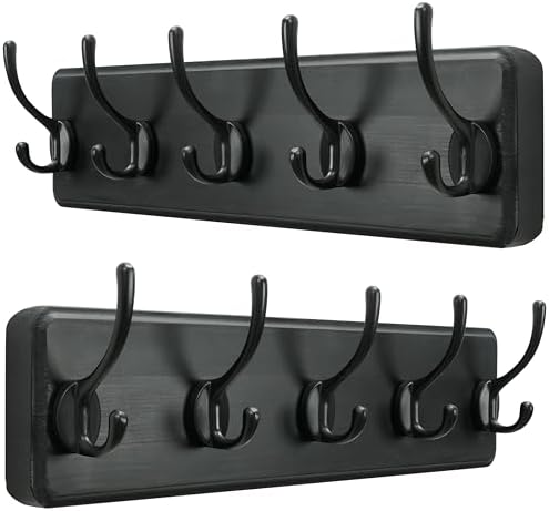 SKOLOO Rustic Coat Rack Wall Mount, 5 Hooks, 17 Inch, Solid Wood, Black by SKOLOO