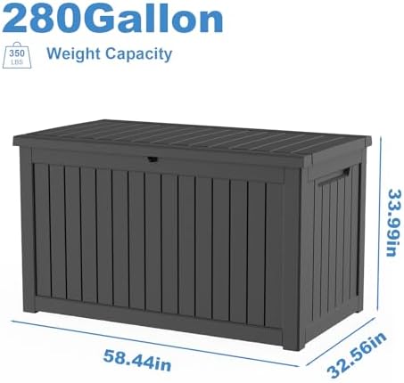 Outdoor Waterproof Resin Storage Deck Box Lockable Outside Bench UV Resistant Bin Patio Porch Furniture Pool Float Garden Tool Cushion (Black, 280 Gallon) - Image 2