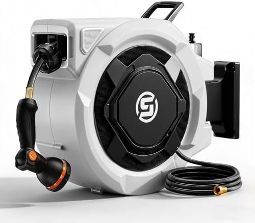 SUNPOW Retractable Garden Hose Reel - 5/8in x 65ft Heavy Duty Wall Mounted Hose Reel with 3/4in Brass Fitting & 10 Function Nozzle - Any Length Lock, Auto Rewind System, 180°Swivel Bracket - Gray by SUNPOW
