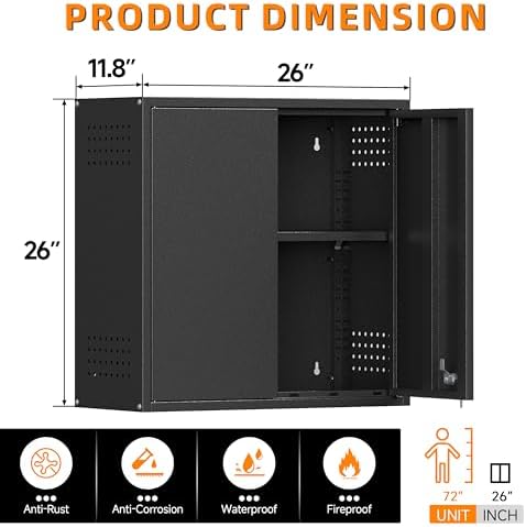 Garage Wall Cabinet with 2 Doors, Metal Wall Cabinet with Lock - Image 3