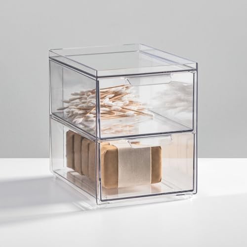 mDesign Stackable Storage Containers Box with 2 Pull-Out Drawers - Stacking Plastic Drawer Bins for Master or Guest Bathroom, Linen Closet, Vanity, Makeup Table Lumiere Collection 4 Pack, Clear - Image 2