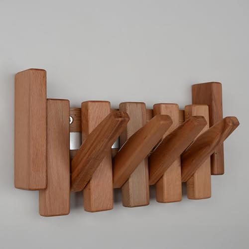 Beech Piano Key Coat Rack with 4 Flip Hooks, Natural - Image 3