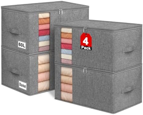 60L Rigid-Sided Blanket Storage Bags, 4Pack, Gray by Boailydi