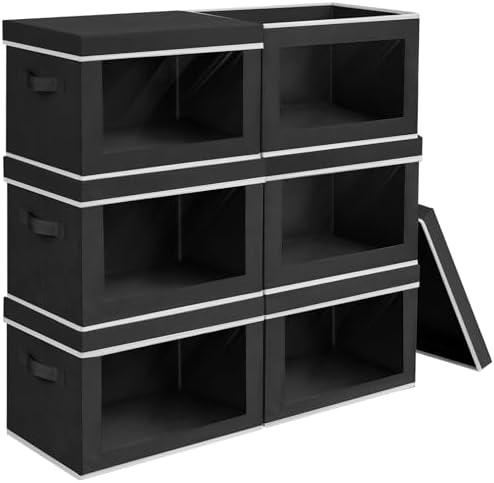 Homsorout Large Storage Baskets with Lids - Stackable Cube Bins for Closet, 6 Pack Black Windows Organizer Bins, Home Organizers and Storage for Clothes, CD, Towels by Homsorout