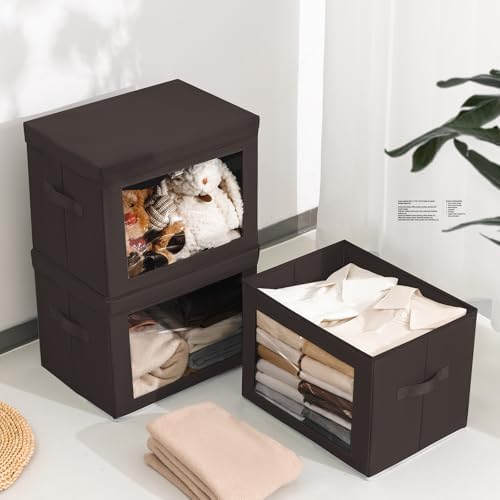 Homsorout Stackable Storage Bins with Lids - Large Decorative Basket with Lids, Fabric Foldable Closet Organizer Bins, Shelf Organizer for Living Room, Dorm, 5 Pack, Brown - Image 4
