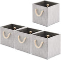 Foldable Bamboo Fabric Storage Bins [set of 4] with Cotton Rope Handles, Collapsible Organizer Boxes Basket - 10.5 x 10.5 x11 inch (Gray) by BeigeSwan