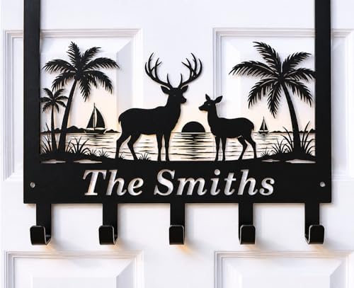 Personalized Over The Door Key Holder with Hooks, Custom Family Name Metal Door Hanger, Beach Deer Wall Hook Rack for Entryway Bedroom Bathroom, Housewarming Gift for New Homeowners by efcustomgifts