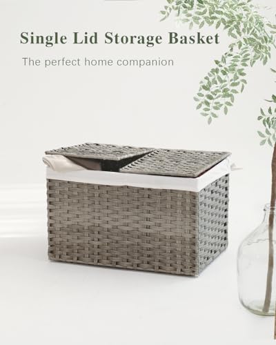 SETVSON Storage Basket with Lid, PE Rattan Woven Storage Bin, Gray - Image 4