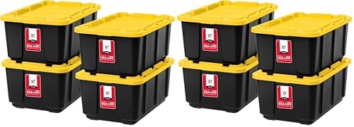 IRIS USA 8-Pack 27 Gallon Storage Bins with Lids |Made in USA| Heavy Duty Plastic Tote Containers for Truckbed Tool Box Organization, Large - Black/Yellow by IRISUSA