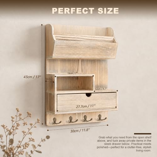 Rebee Vision Pine Wood Key Holder Wall Mount with Drawer, NaturalWood - Image 2
