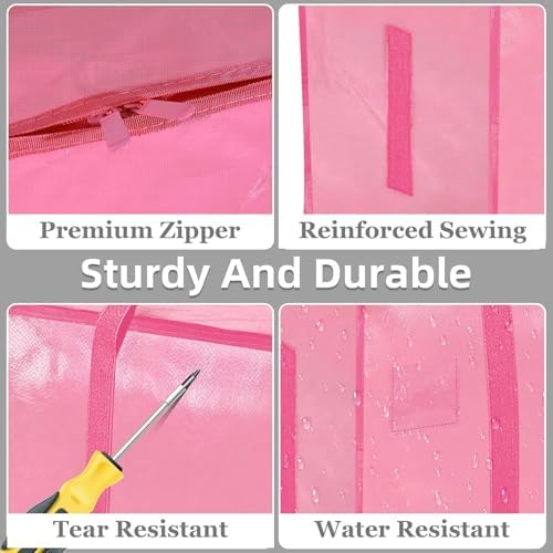 16 Pack-Extra Large Heavy Duty Moving Bags - Waterproof Storage Totes with Handles & Zippers, Foldable for College Dorm, Storage (Pink) - Image 4