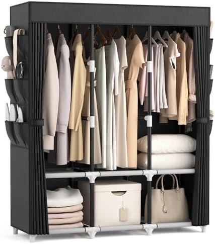 VTRIN Portable Closet for Hanging Clothes 52 Inch Wide Portable Wardrobe Closet with Cover, 6 Storage Shelves and 3 Hanging Rod, Diameter 19mm Metal Pipe, Sturdy Closet for Bedroom, Black by VTRIN