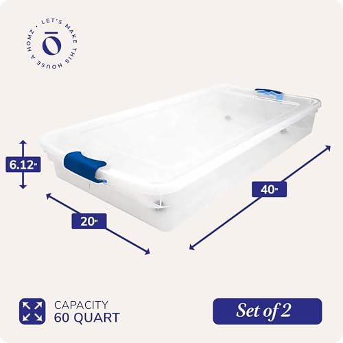 HOMZ Under Bed Clear Plastic Storage Bin w/Lid, 60 Qt, Blue Latch, 2 Pack - Image 4