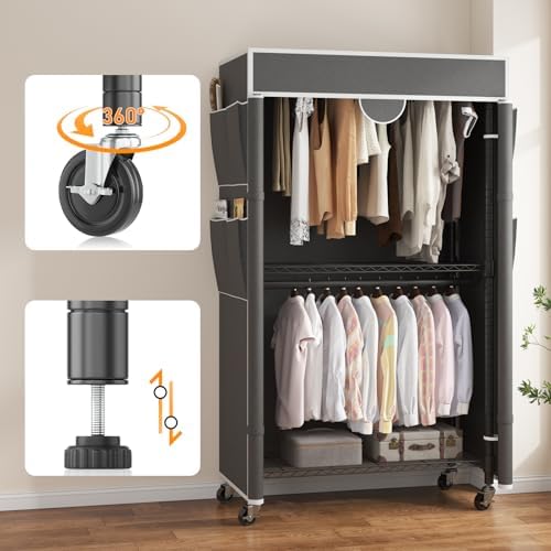Homdox Garment Rack with Cover, Heavy Duty Clothing Rack for Hanging Clothes, Portable Closet Wardrobe, Double Rods Garment Rack with wheels, 35.1" W x 17.4" D x 80.6" H, Gray - Image 6
