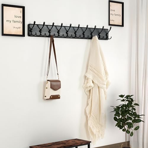 Dseap Coat Rack Wall - Heavy-Duty 38-1/4" Long, with Reinforced 10 Custom Tri-Hooks, Solid Wood Wall Hanger for Coats Hat Jackets - Rustic Farmhouse Entryway Hallway Storage, Black - Image 2