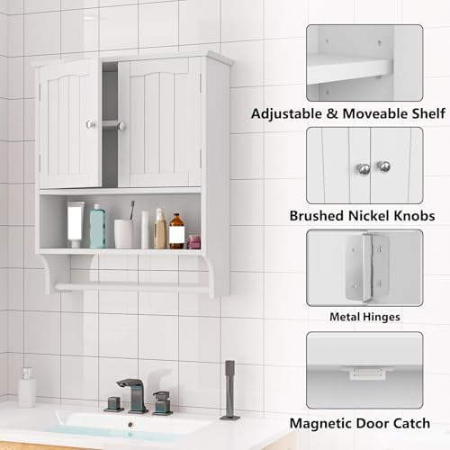 Bathroom Cabinet, White Bathroom Wall Cabinet with 2 Doors and Adjustable Shelf, Wall Mount, Towel Rack, Over The Toilet Storage Cabinet, Medicine Cabinet - Image 5