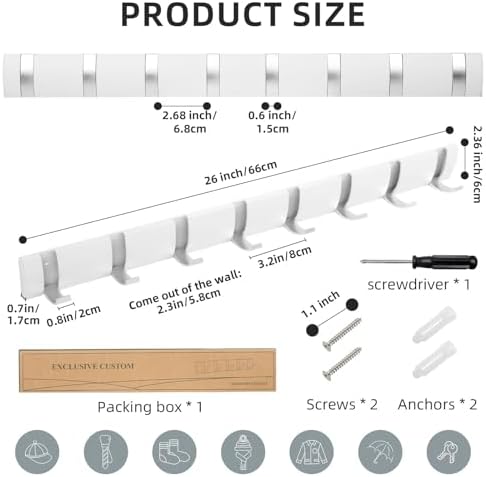 2 Pack Foldable Stylish Modern Hook Rack with 8 Hooks, Heavy Duty Metal Coat Rack, Metal Coat Hook Rail for Coat Hat Towel Purse Robes Mudroom Bathroom Entryway (White and Silver) - Image 2