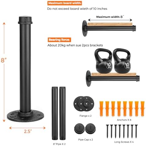 8 Inch Black Industrial Pipe Floating Clothing Rack Wall Mounted, 4 Pack - Image 2