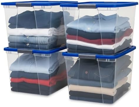 HOMZ 4-Pack Secure Latch, Clear Plastic Storage Organizer Bins, 64 Quart, Blue Lid - Stackable Container Boxes for Bedroom, Bathroom, Garage, and Office Organization by Homz