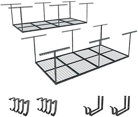 FLEXIMOUNTS 4x8 Overhead Garage Storage Rack with Hooks, 2 Pack, Black by FLEXIMOUNTS