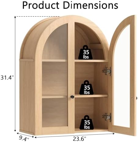 Bathroom Arched Wall Cabinet, 23.5'' Wide Medicine Cabinet, Bathroom Cabinet Wall Mount W/ Glass Doors & Adjustable Shelves, Over The Toilet Storage Cabinet for Laundry Room, Bedroom,Kitchen,Natural - Image 2