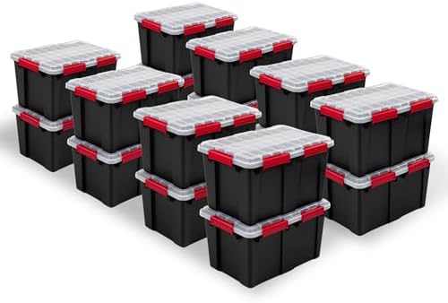 Sterilite 16 Pack Gasket Box, Stackable Plastic 13.5 Gallon Storage Container with Lids, Black - Waterproof and Dustproof Tote for Home Organization by Sterilite