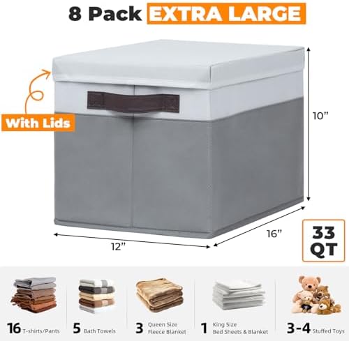 Extra Large Storage Baskets with Lids 8 Pack, 33 QT Blanket Basket for Organizing/ Stackable Decorative Closet Organizers and Storage Box for Clothes Towels/ Toy Organizers Bins with Handles/ 16x12 - Image 2