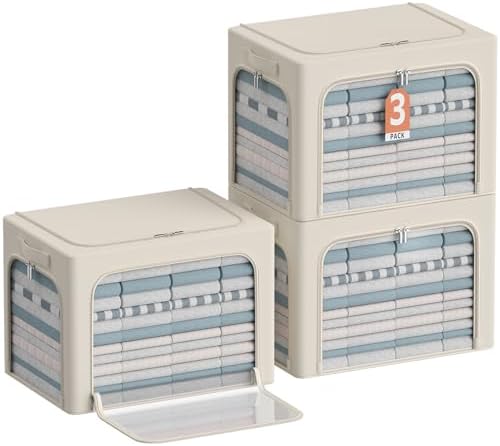 3Pack Clothes Storage Bins - Oxford Frame Storage Box Foldable Stackable Storage Organizer with 3 Openings Design, Metal Frame, Clear Window, Carry Handles (Beige, 100L-23.6 * 16.5 * 15.7in) by CYhom