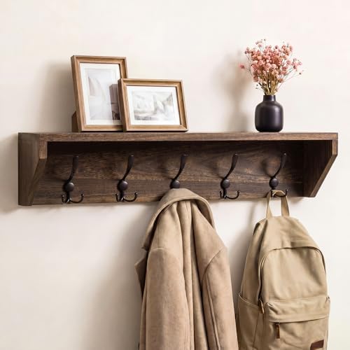 Geelin 35 Inch Wall Shelf with Hooks and Shelf Organizer Wall Mount Coat Rack with 5 Triple Hooks for Hanging for Entryway, Hallway, Bathroom, Living Room, Bedroom by Geelin
