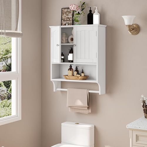 Bathroom Cabinet, White Bathroom Wall Cabinet with 2 Doors and Adjustable Shelf, Wall Mount, Towel Rack, Over The Toilet Storage Cabinet, Medicine Cabinet - Image 3