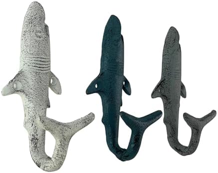 Zeckos Set of 3 Shark Wall Hooks, 5.25 Inch Blue Gray White Cast Iron - Image 2