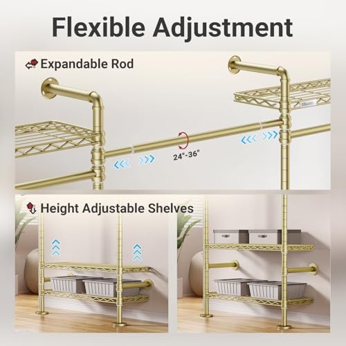 Timate F3 Garment Rack Heavy Duty Clothes Rack for Hanging Clothes, Expandable Industrial Pipe Wall Mounted Clothing Rack, Adjustable Storage Wardrobe Closets Kit Walk in Closet Systems, Gold - Image 6