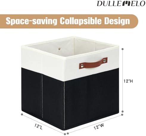 DULLEMELO Fabric Storage Bins for Shelves, Cube Storage Organizer Bins with PU Handles, Set of 4 Decorative Collapsible Storage Bins for Cube Storage,White&Black - Image 2
