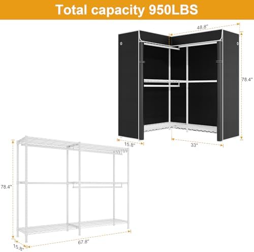 ULIFHOME E15C Pro Garment Rack L Shaped Clothes Rack for Corner，Freestanding Clothing Racks for Hanging Clothes，Heavy Duty Closet System 48.8"W x 15.8"D x 78.4"H，White Rack with Black Dustproof Cover - Image 3