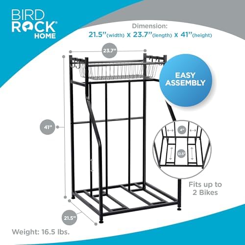 BIRDROCK HOME Bike Rack Garage Storage Floor Stand - Freestanding Organizer for Outdoor Yard - Upright Wall Mount for Scooters, Rakes, Motorcycles, Hoverboards, Gloves - Holds 2 Bicycle - Black - Image 2