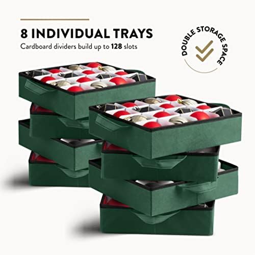 ZOBER Christmas Ornament Storage Box - Stores 128 3" Ornaments with Individual Trays - Tear Proof 600D Oxford Fabric - ornament organizer storage box, Durable Christmas Containers Holder - Green - Image 3