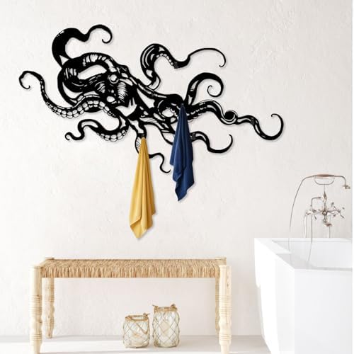 Octopus Coat Rack Wall Mount, Octopus Metal Wall Coat Rack, Ocean Monster Key Holder Wall Mounted, Kraken Hooks for Wall, Towel Hanger Rack Decor for Bathroom (Silver, 13"x24"|34x60cm) - Image 6