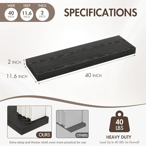 Acovy 40 Inch Floating Shelves, 12" Deep Floating Shelf Wall Mounted, 40" Wall Shelves, Rustic Deep Bookshelf, Extra Deeper & Thicker Display Shelves for Bedroom, Living Room, Black, Set of 2 - Image 4