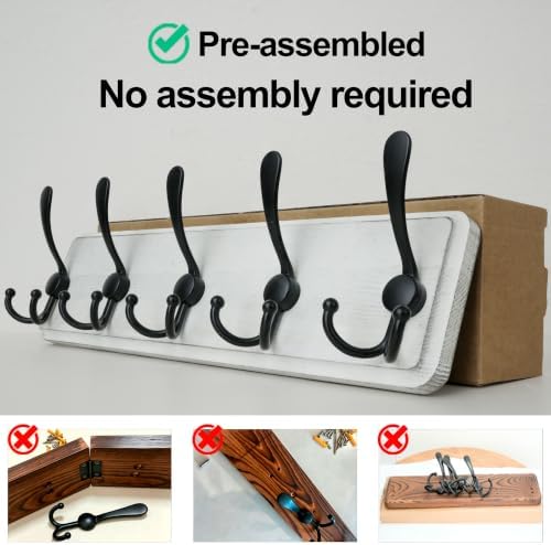 WEBI Coat Rack Wall Mount,Wood Coat Hooks Wall Mounted Coat Hanger,16" Hole to Hole,Wall Hook Rack Rail,5 Triple Hooks for Hanging Coats,Clothes,Jacket,Hats,Entryway,Black/White,2 Packs - Image 6