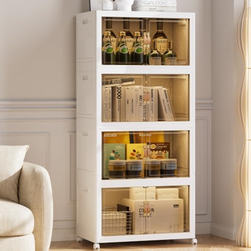 SAILUN 674QT/168Gal Stackable Storage Bins with a Lid, Collapsible Storage Bins With Doors, Folding Cabinet for Home Closet Organization,4 Pack-30 W x 19.7" D x 65.9" H White by SAILUN