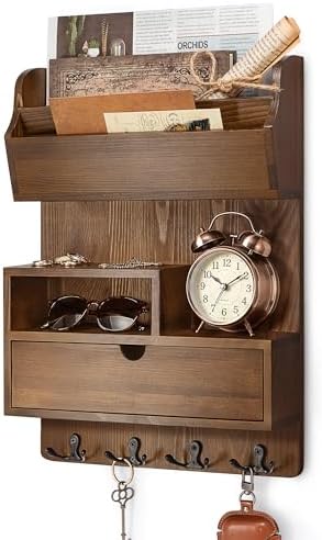 Rebee Vision Pine Wood Key Holder Wall Mount with Drawer & 4 Hooks, Brown by REBEEVISION