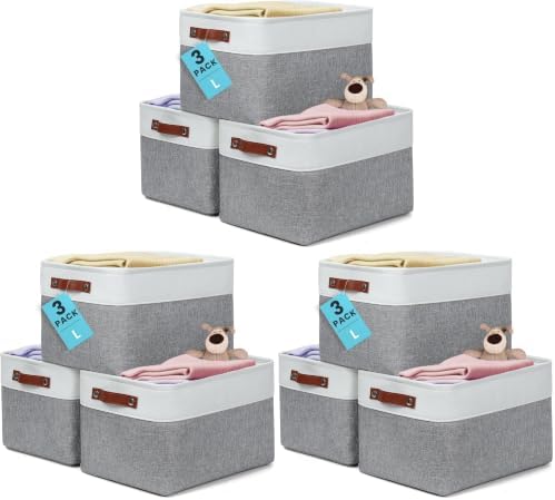 OrganiHaus 15x11in Canvas Storage Baskets 9 Pack | LARGE Fabric Bins for Shelves | Closet & Bedroom Storage | Gray/Off-White by OrganiHaus