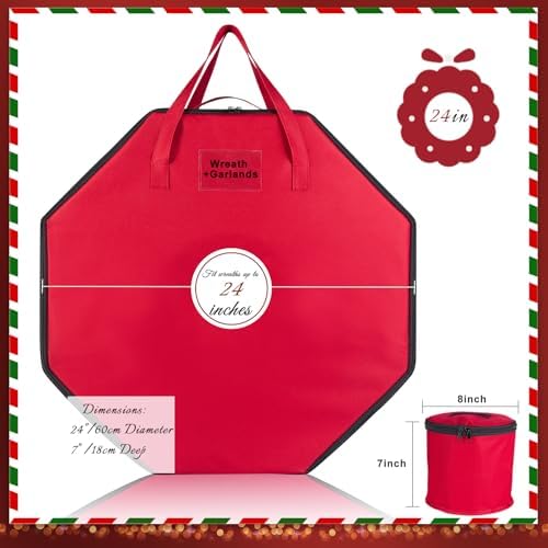 BrilliantJo Wreath Storage Christmas Garlands Bag with Interior Pockets Large Xmas Container Box for holiday Decorations Case with Dual Zipper and Handles Window Labeling Card Slot 24" Red - Image 7